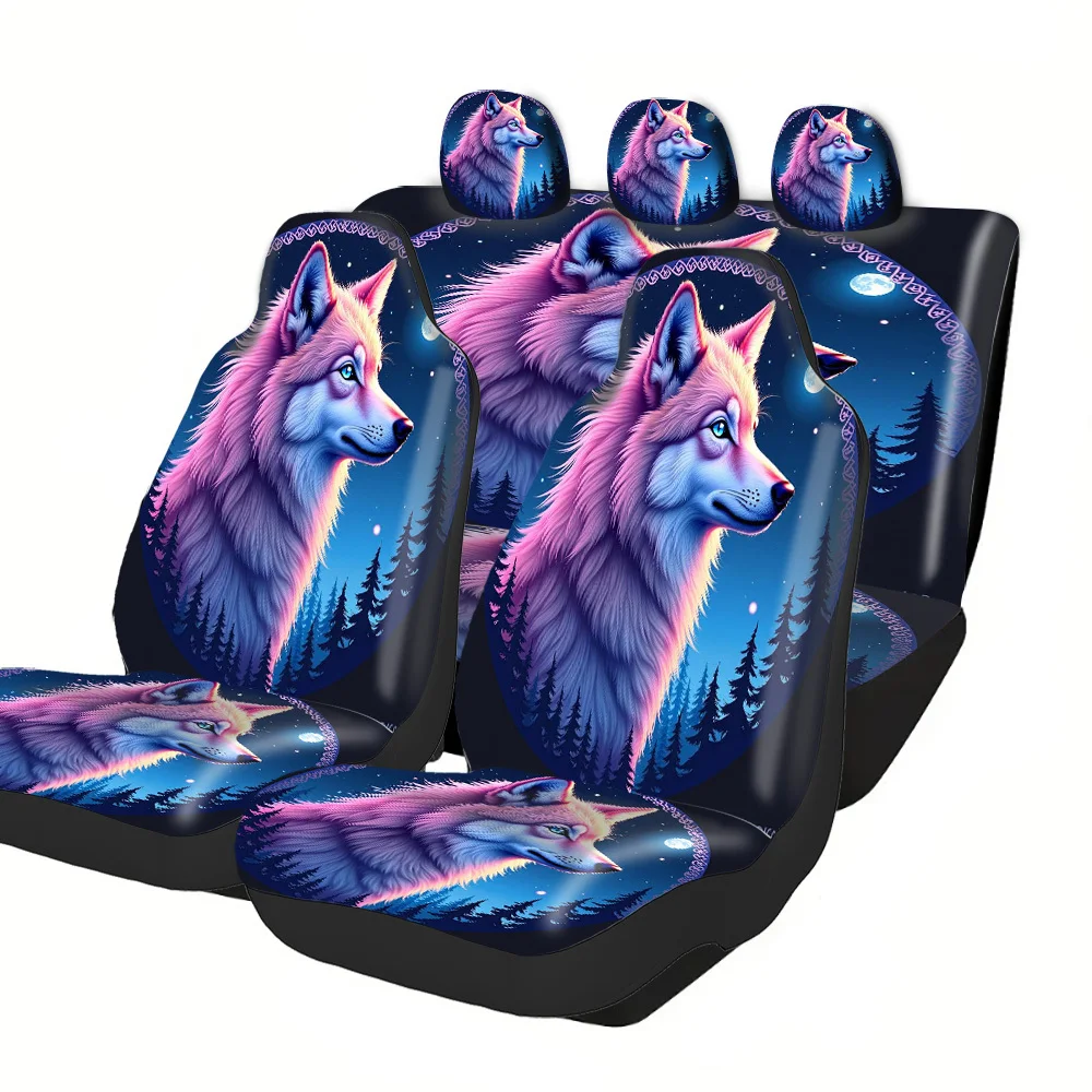

Fit SUV & Sedan Car Seat Covers Full Set - Wolf & Night Forest Print (Blue/Purple/Pink) With Airbag Compatibility, Non-Slip Bott