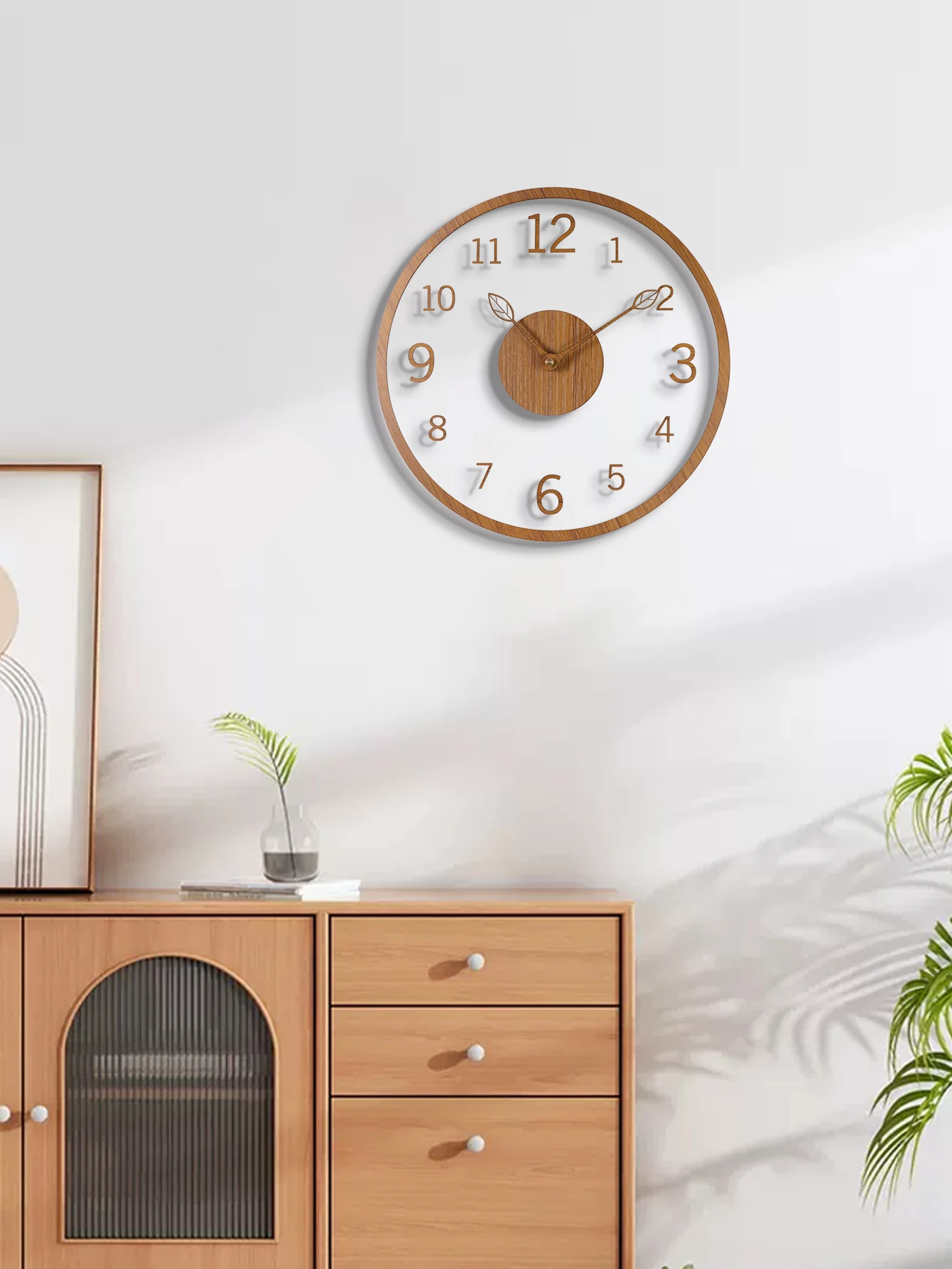 Transparent minimalist wall clock, tree leaf pointer, wood grain wall clock, silent living room, bedroom, office, and holiday de