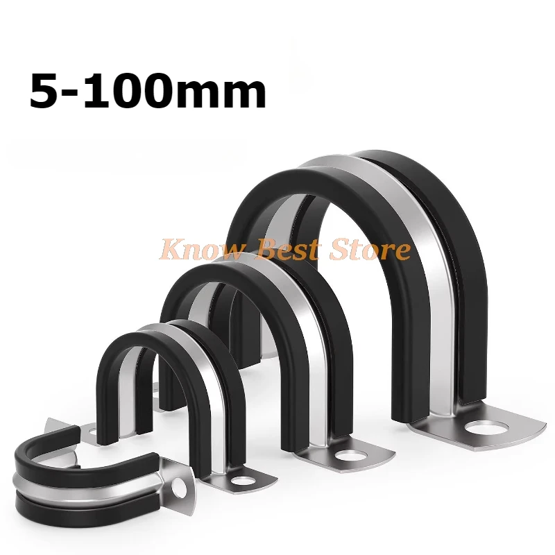 304 Stainless Steel U-shaped Belt with Rubber Strip Riding Clip Steel Pipe Clip Clamp Pipe Clip Fixed Cable Throat Clamp Locking