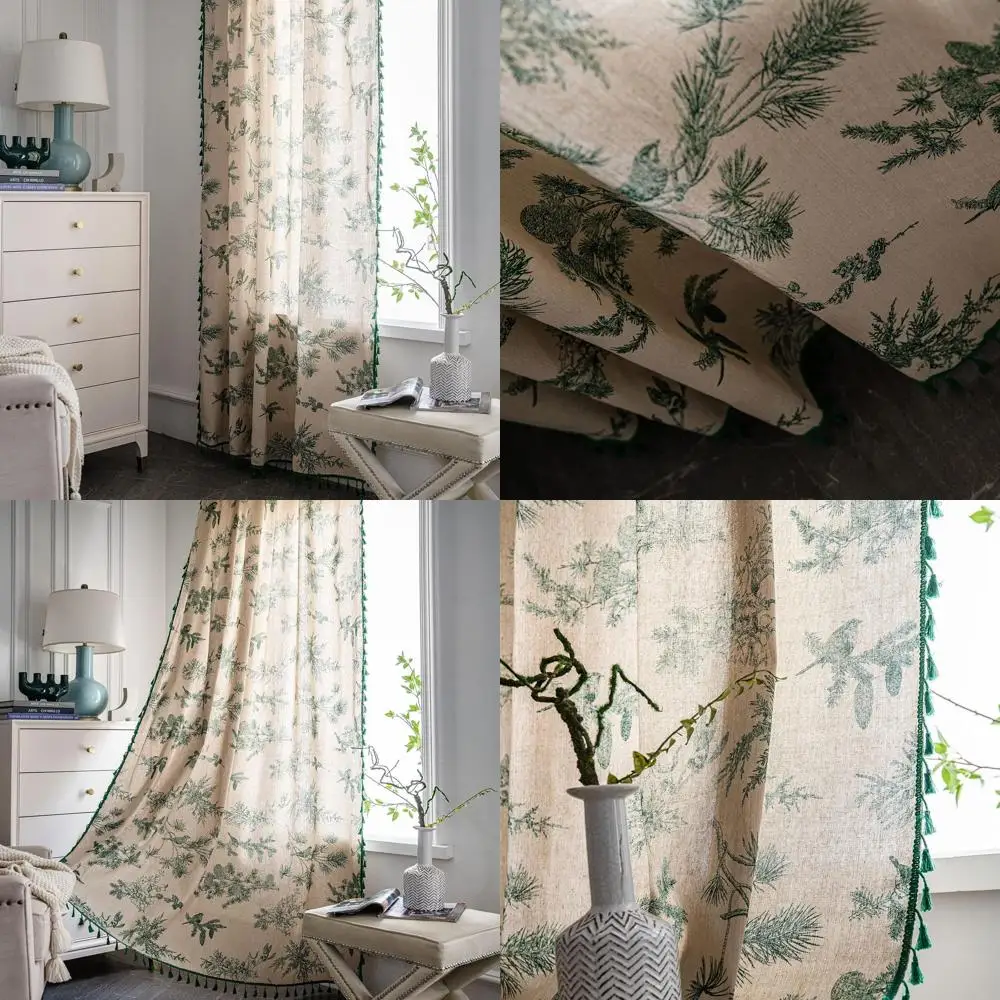 

Cotton Linen Bohemian Green Tassel Curtains, 84 Farmhouse Semi-Blackout Panels for Living Room & Bedroom