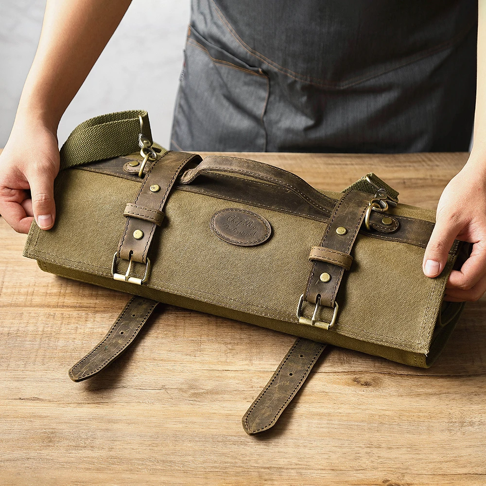 Borsa portaoggetti per coltelli HEZHEN coltello organizzare tela cerata olio Crazy Horse Lather accessori da cucina coltello Chef Knife Roll Bag