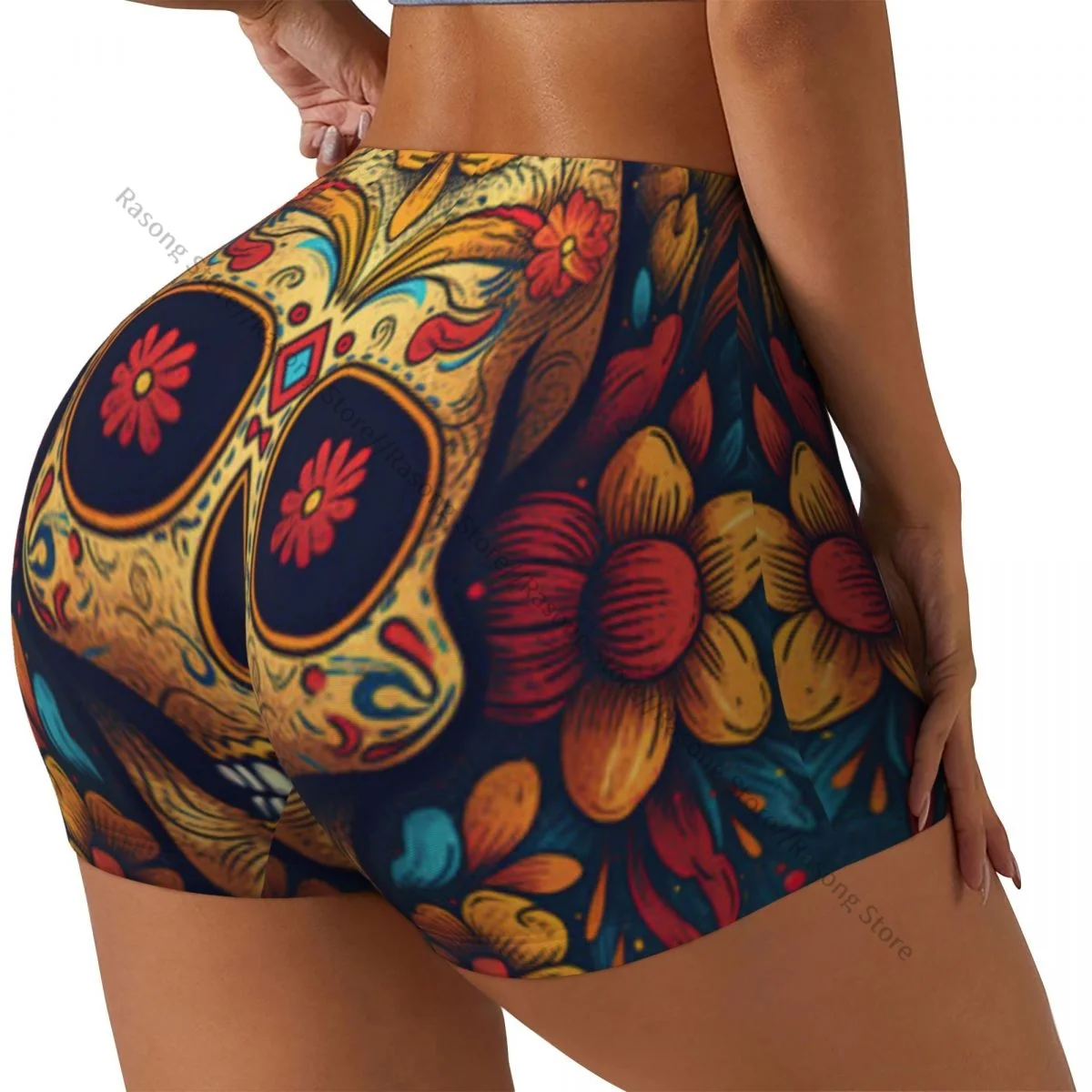 Women's Yoga Shorts Mexican Skull Calavera Illustration Scrunch Booty Butt Lifting Comfort Fitness Gym