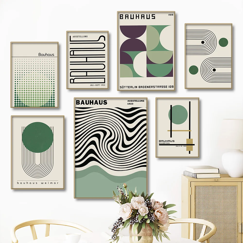 Modern Minimalist Wall Art Posters Prints Canvas Painting Abstract Pictures Living Room Decor Bauhaus Green Color Block Lines