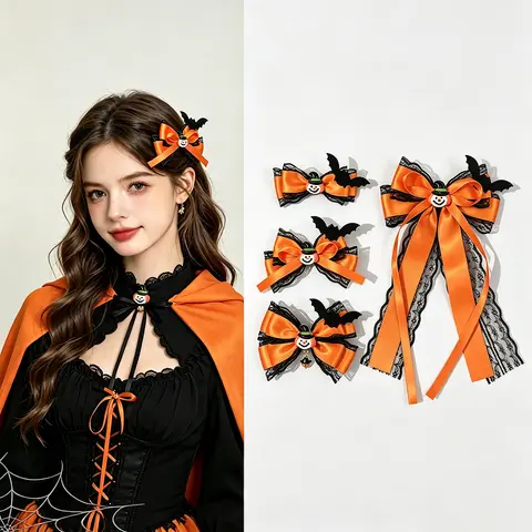 1PC Halloween Orange Lace Bow Hair Clips Black Bat Decor Satin Ribbon Barrettes Cosplay Party Costume Hair Accessories for Girls