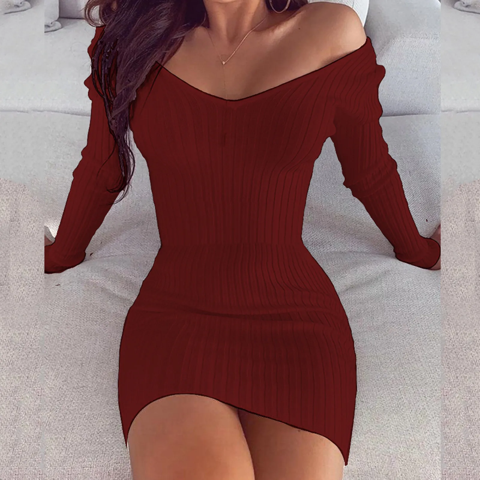 

Sexy Temperament V-Neck Solid Color Slim Fitting Long Sleeved Dress Wrap Buttocks Warm Long Thin Sweater Female Dresses