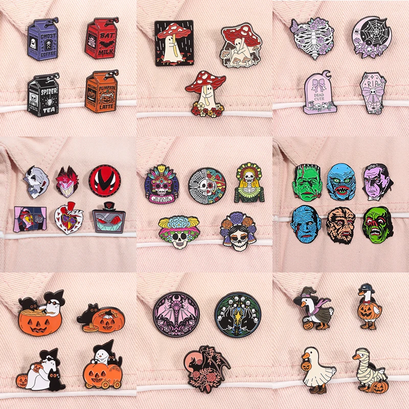 2-6pcs/set Halloween Horror Movies Enamel Pins Skeleton Ghost Bride Killer Monster Spooky Animal Brooch Lapel Badge Jewelry Gift