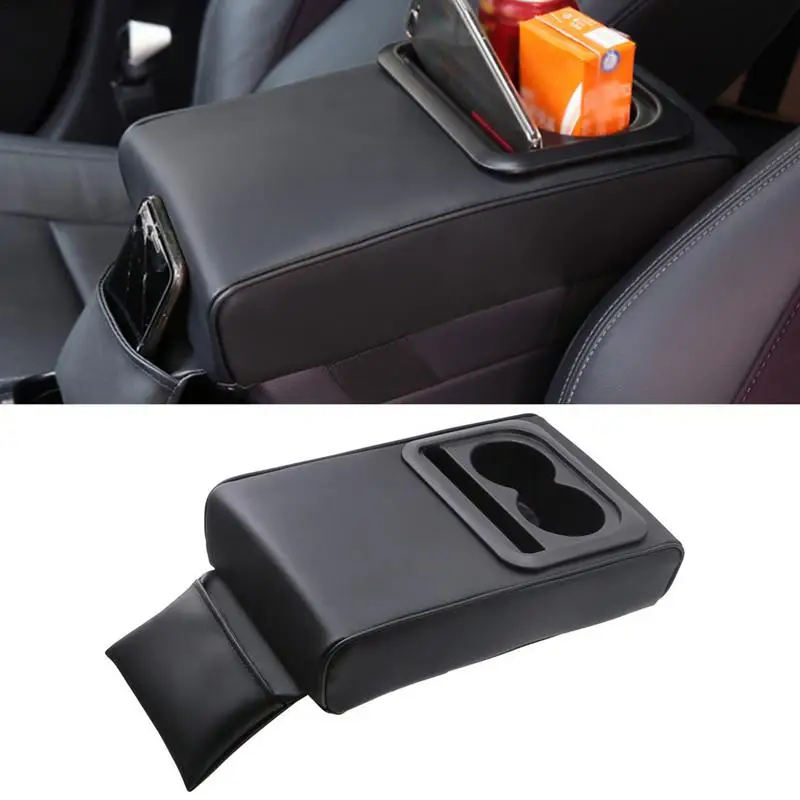 Car Console Armrest Box increase height Cushion With 2 Cup Holder PU Leather Armrest Cushion Elbow Support Protector Cover