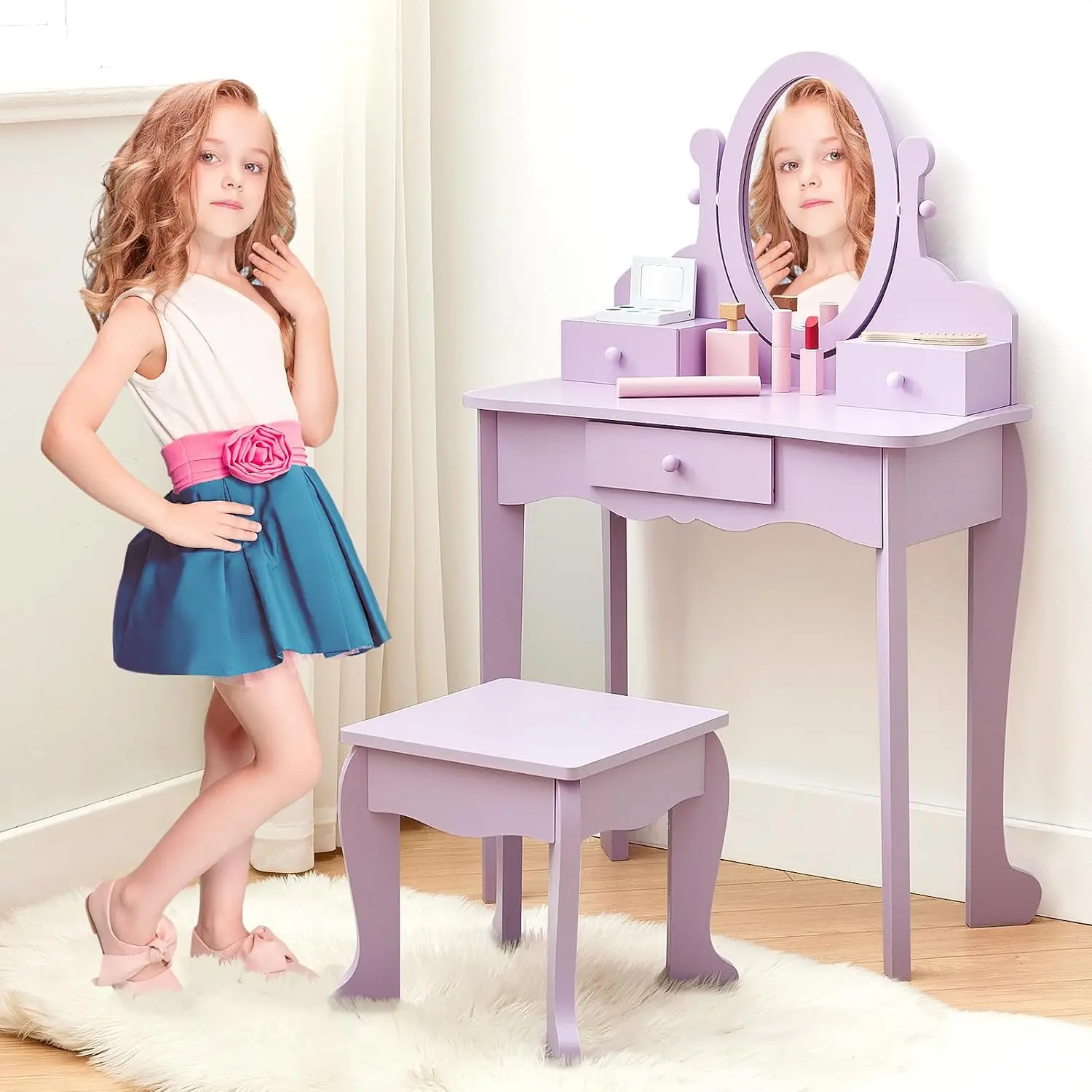 Girls' Vanity Set with Mirror & Stool, Kids Wooden Makeup Table and Dress-Up Playset for Ages 4-9, Purple, for Bedroom & Playroom