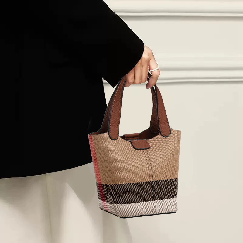 

Холщовая клетчатая сумка из натуральной яловой кожи, новинка 2025, ретро сумка через плечо, женская маленькая сумка со съемным плечевым ремнем