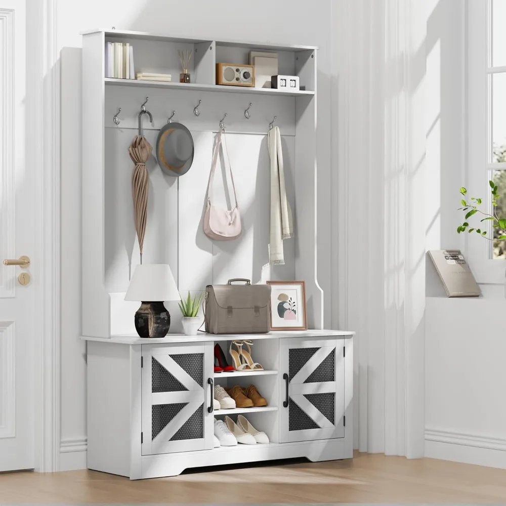 

Hall Tree with Storage Bench, 5-in-1 Entryway Bench with Coat Rack, Shoe Cubbies, Coat Hooks and Barn Door, Shelf for Foyer, Mu