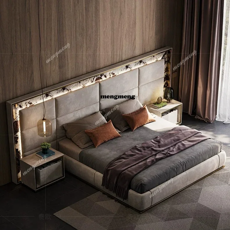 New arrive Light luxury leather soft bed master bedroom custom senior villa large flat model room designer matte fabric double b