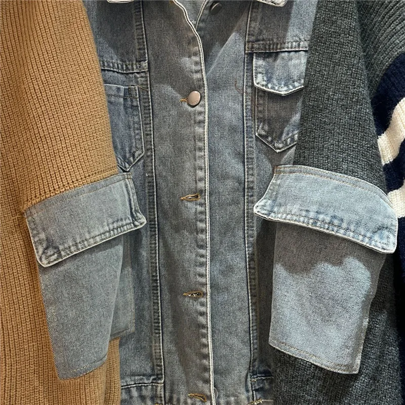 Knitted Spliced Denim Jacket Women Autumn Winter Casual Fashion Big Pocket Loose Jeans Jacket Patchwork Loose Jeans Coat Female