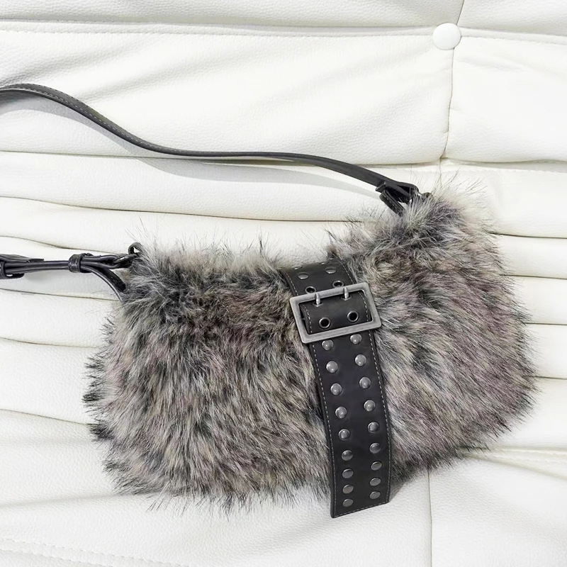Корейские сумки из искусственного меха для женщин, роскошные дизайнерские сумки и кошельки, новинка 2026, ремень из искусственного кроличьего меха с пряжкой под мышками на плечо