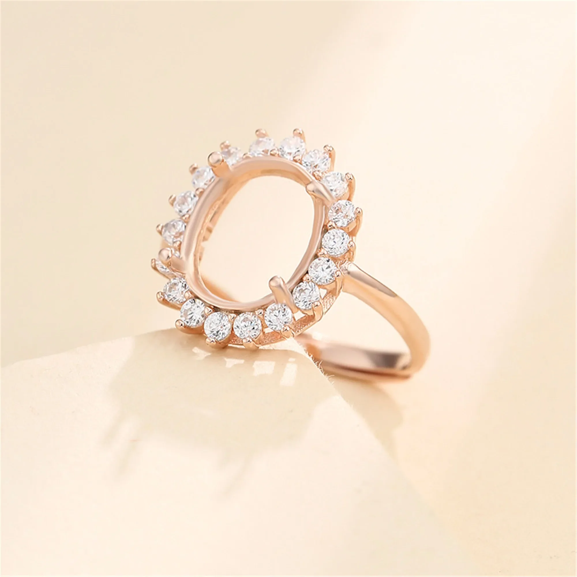 Rose Gold Plated 925 Silver Zircon Adjustable Ring Setting for 7x9mm/8x10mm/10x14mm/12x16mm/13x18mm Oval Cabochon