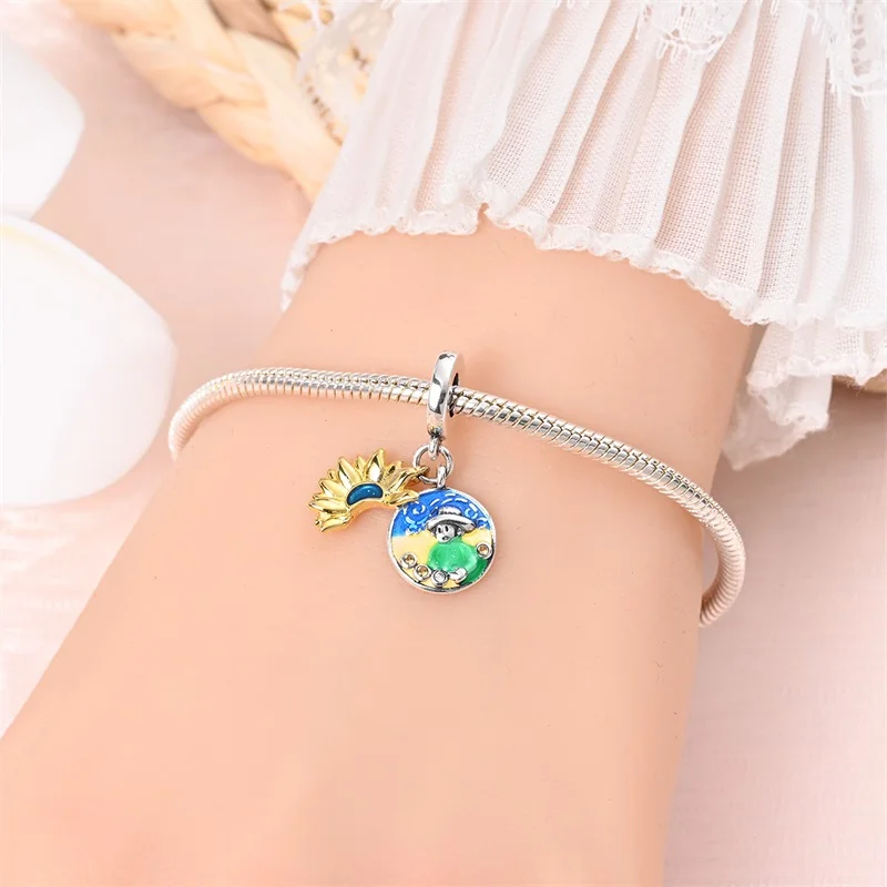 925 Sterling Silver Sunflowers Under the Starry Sky Oil Painting Charms Bead Pendant Fit Original Bracelet DIY Women Jewelry
