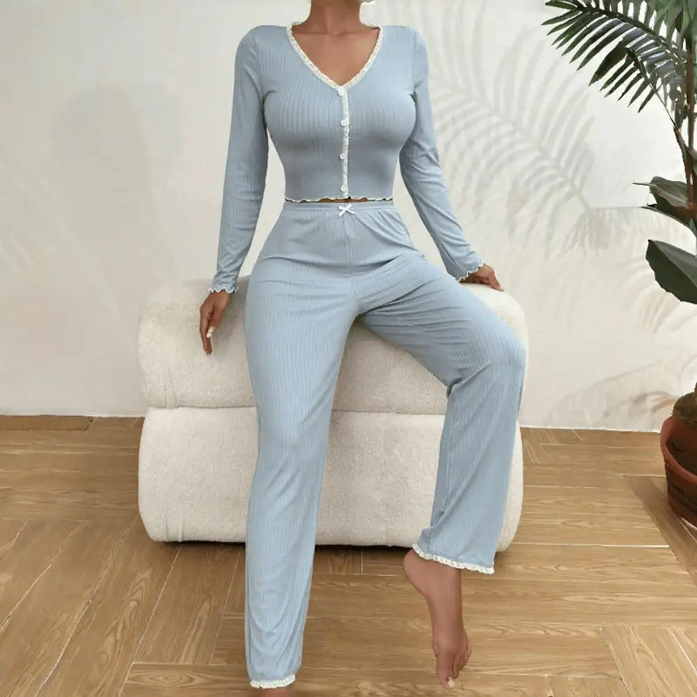 

Women Pajama Set Two-piece Pajamas Elegant Lace Trimmed Women's Pajama Set with Cropped Top Elastic Waist Pants for Comfort