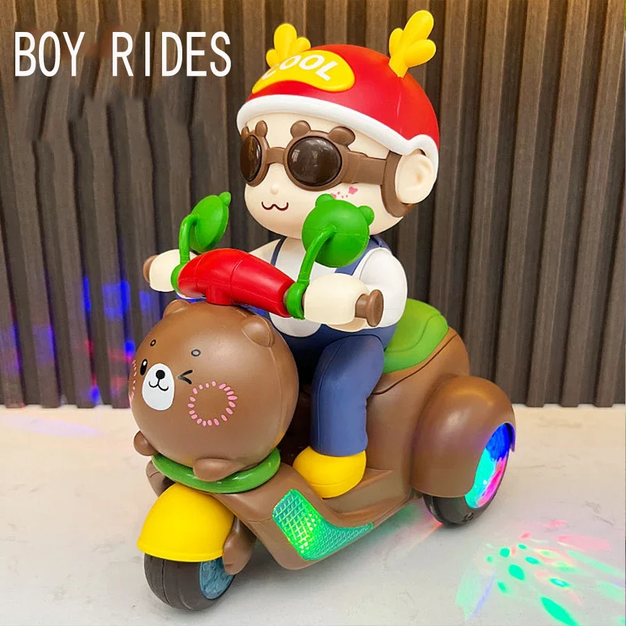 Stunt Rotating Motorcycle Toys Cute Cartoon Children's Christmas Bear Electric Shape with Light Music Boys and Girls Christmas