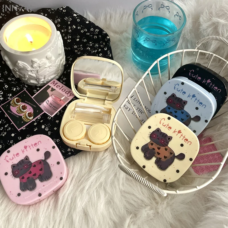 【Ja】Contact Lens Case with Mirror, Cute Cat Graffiti Pattern Travel Kit, Portable Lens Storage Container Box
