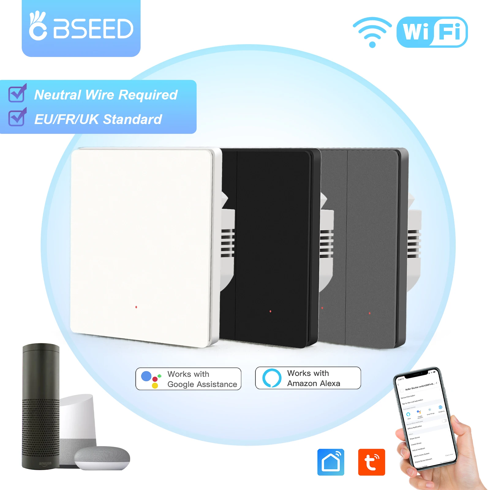 BSEED 1/2/3Gang Wifi Interruttori Della Luce 1/2/3Way Interruttore di Pulsante A Parete Automatico Rimbalzo Tuya Google Vita Intelligente Alexa App