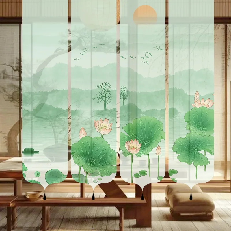 Dopamine Detox Window Divider – Semi Transparent Gauze, Green Lotus Print for Zen Meditation, Mindfulness & Spiritual Wellness