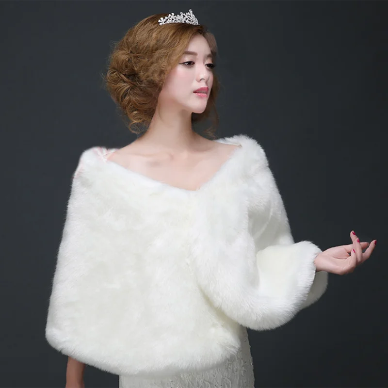 Women Wedding Cloak Ivory Faux Fur Shawl Bridal Winter Warm  Fashion Elegant Bolero Wrap Shawl Bride Jacket Coat Accessories