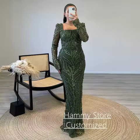 Shinny Olive Green Mermaid Evening Dress Customized Square Neck Long Sleeves Sequined Pageant Party Gown Prom Dresses