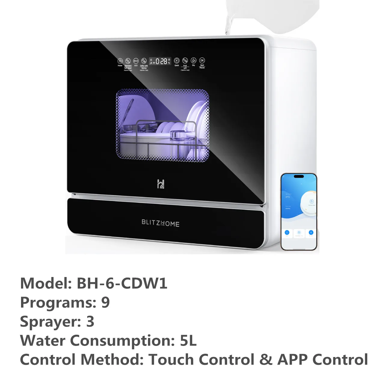 BLITZHOME BH-4-CDW Compacte slimme aanrechtvaatwasser APP-bediening 8 programma's 3D 360 °   Dubbele spray met ingebouwde watertank van 5 liter