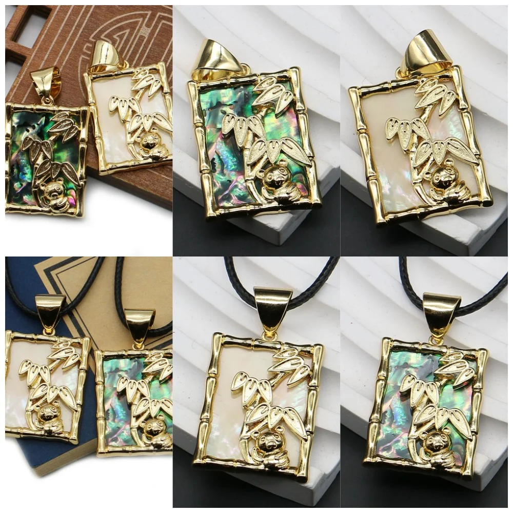 Colgante de cierre de semilla de melón de bambú, Panda chapado en cobre envuelto en borde de concha cuadrada naturalmente pulida, accesorio de joyería para collar DIY