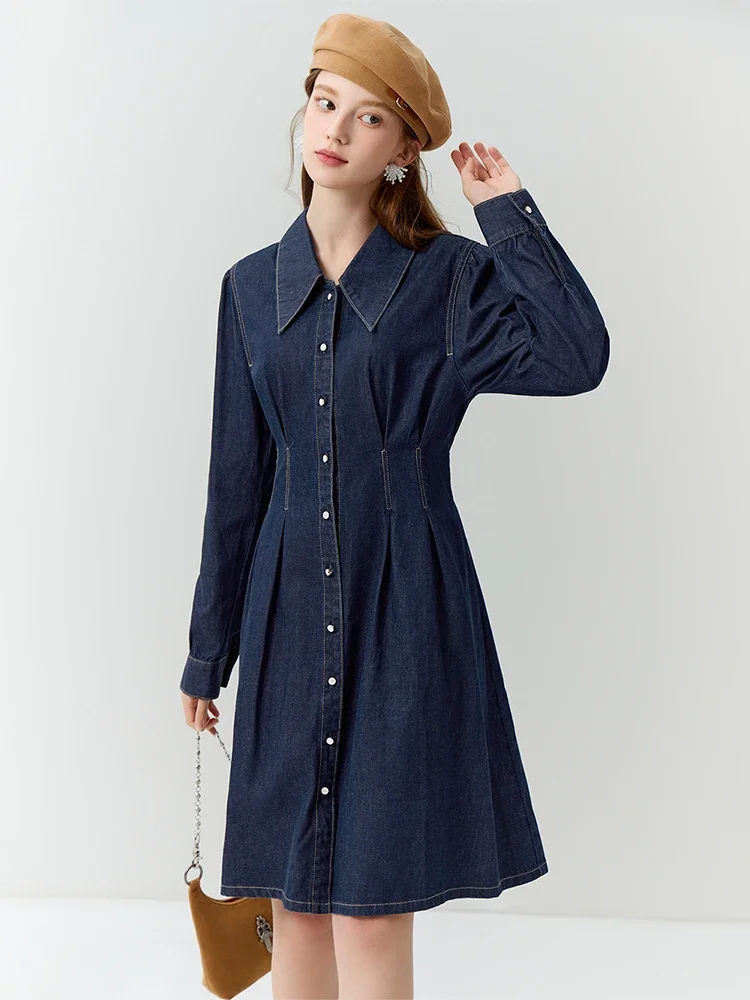 FSLE French Temperament Design Sense Length Optional 100% Cotton Denim Dress 2023 Autumn New Style Single-breasted Dress Female