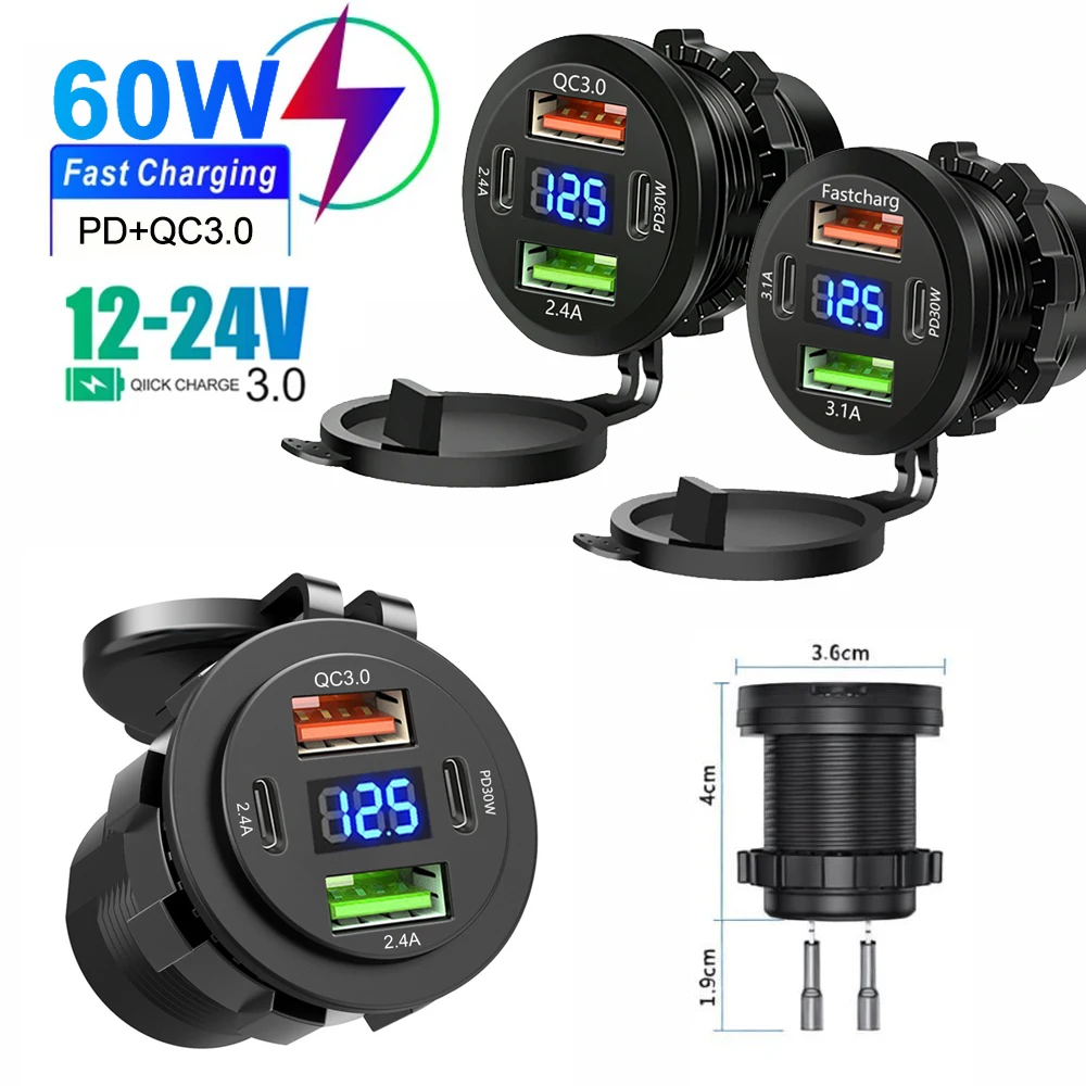 Multi Ports Car Charger PD QC3.0 USB Charger Socket with Digital Voltmeter 12V/24V for Motorcycle Car Boat Marine Truck Bus