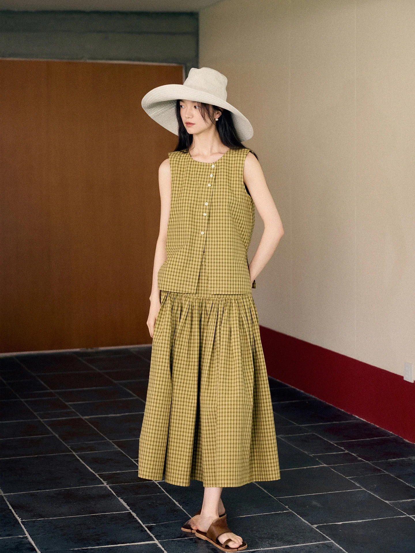 

Non-Sved A-Line irt 00% Cotton Plaid Formal Skirt with Button Closure Loose Fit Commute Sle Summer Collection