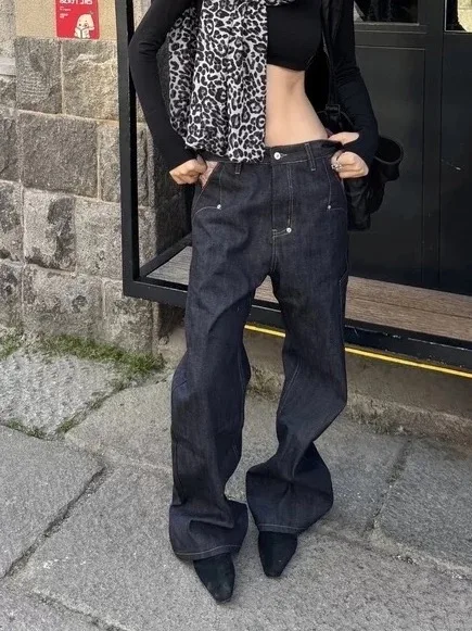 

Оригинальная джинсовая рабочая одежда в американском стиле ретро, женские свободные повседневные тонкие широкие брюки прямого кроя с постоянным открытым ртом