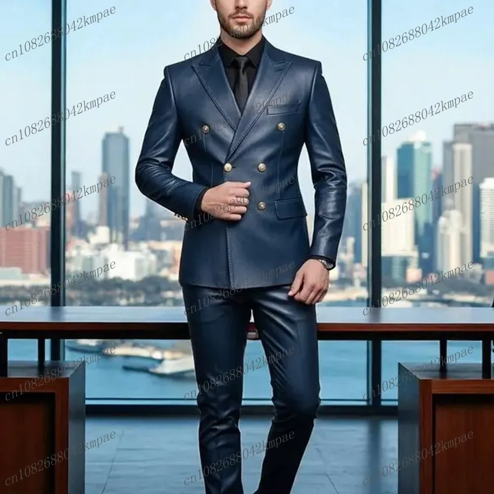 جديد الأزرق الداكن الساتان الرجال البدلة الرسمية العريس وصيف حفل زفاف حفلة موسيقية الذكور الأعمال البدلات الرسمية 2 قطعة مجموعة السترة السراويل