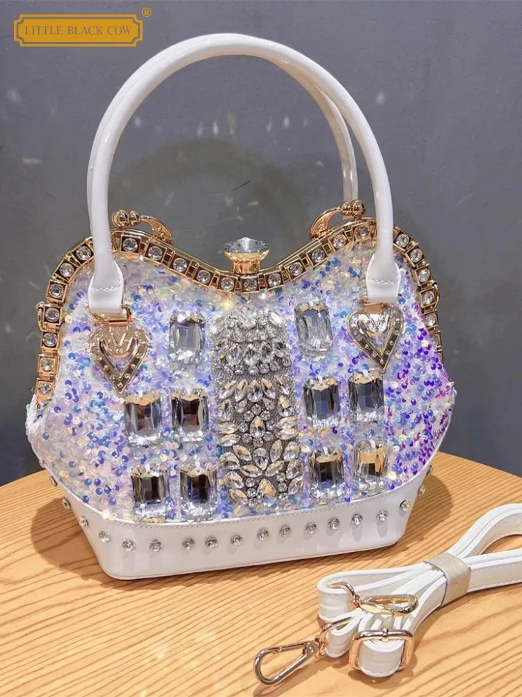 

Women Party Shiny Diamonds Totes Handbag Sequined Bucket Bag New Designer Bling Crystal Rivets Strap Crossbody Shoulder Bag