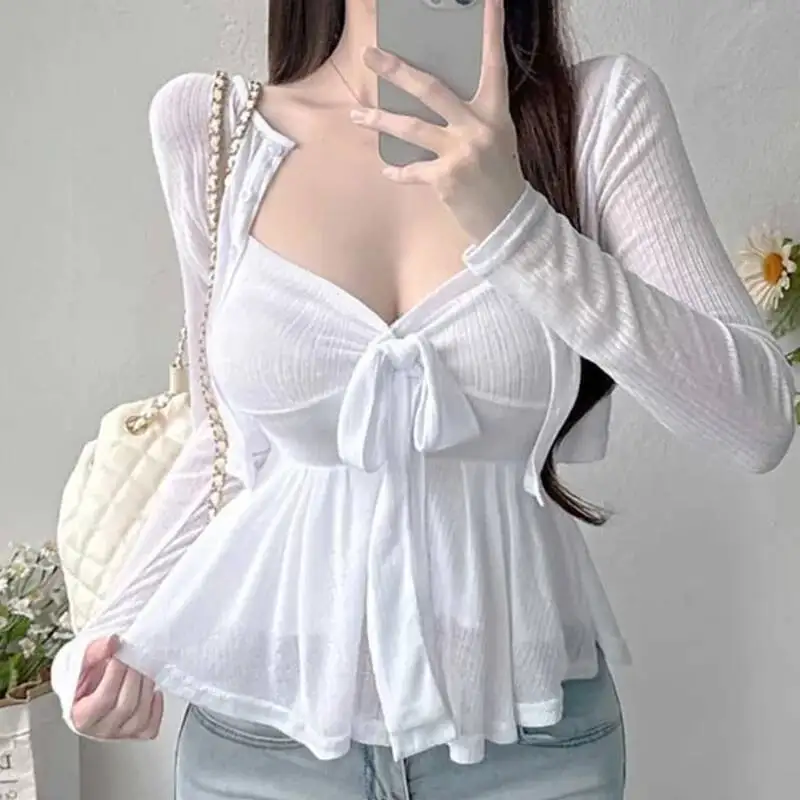 الكورية أنيقة ضئيلة مثير الرغبة النقية Bowknot حزام سترة قطعتين مجموعة أعلى للنساء التي شيرت تيز أزياء المرأة X1MY #2