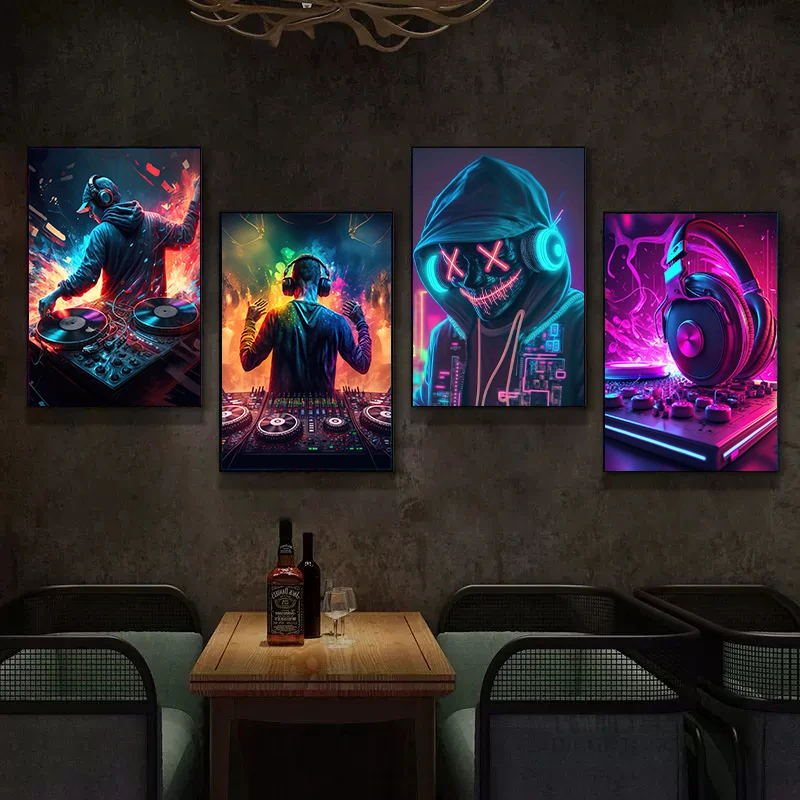 Neon Design Music Cool DJ Headphone Poster Canvas Painting Abstract Wall Art For Modern Bar Club Room Home Decor Cuadros No LED