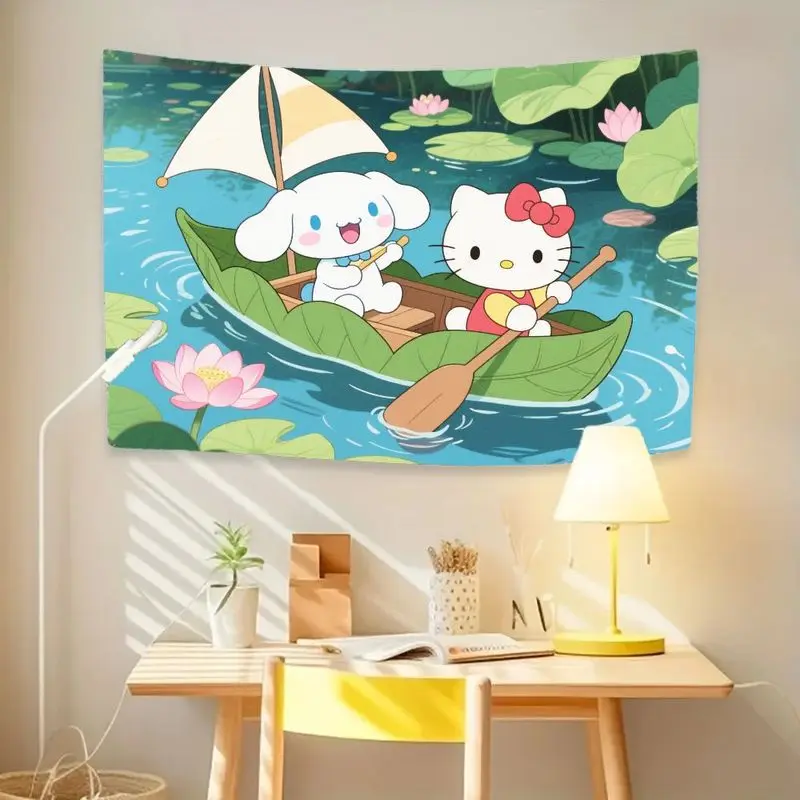 1PC Sanrio Hello Kitty Cinnamoroll Kawaii Bootfahren Wandteppich, ästhetische Polyester Wandkunst für Schlafzimmer Wohnzimmer Dekor, süßes Mädchen