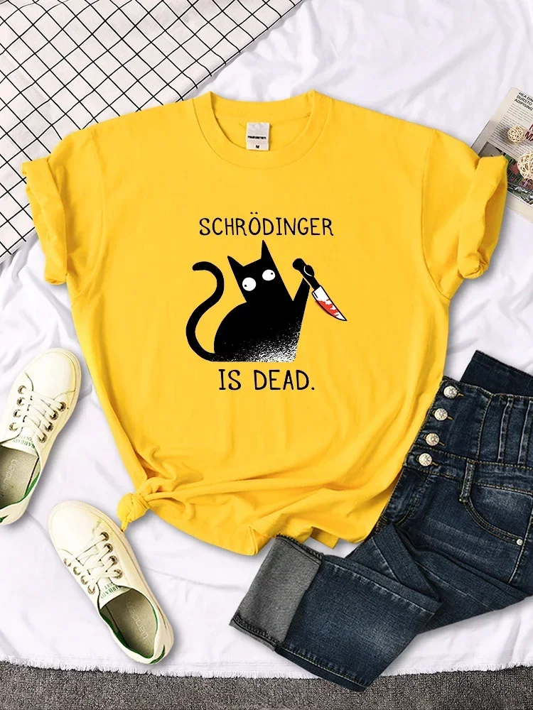 Women Oversized Soft Snug Loose Tees Comfortable Funny Tops Females T-Shirts Schrodinger Is Dead Cartoon Black Cat Print T Shirt