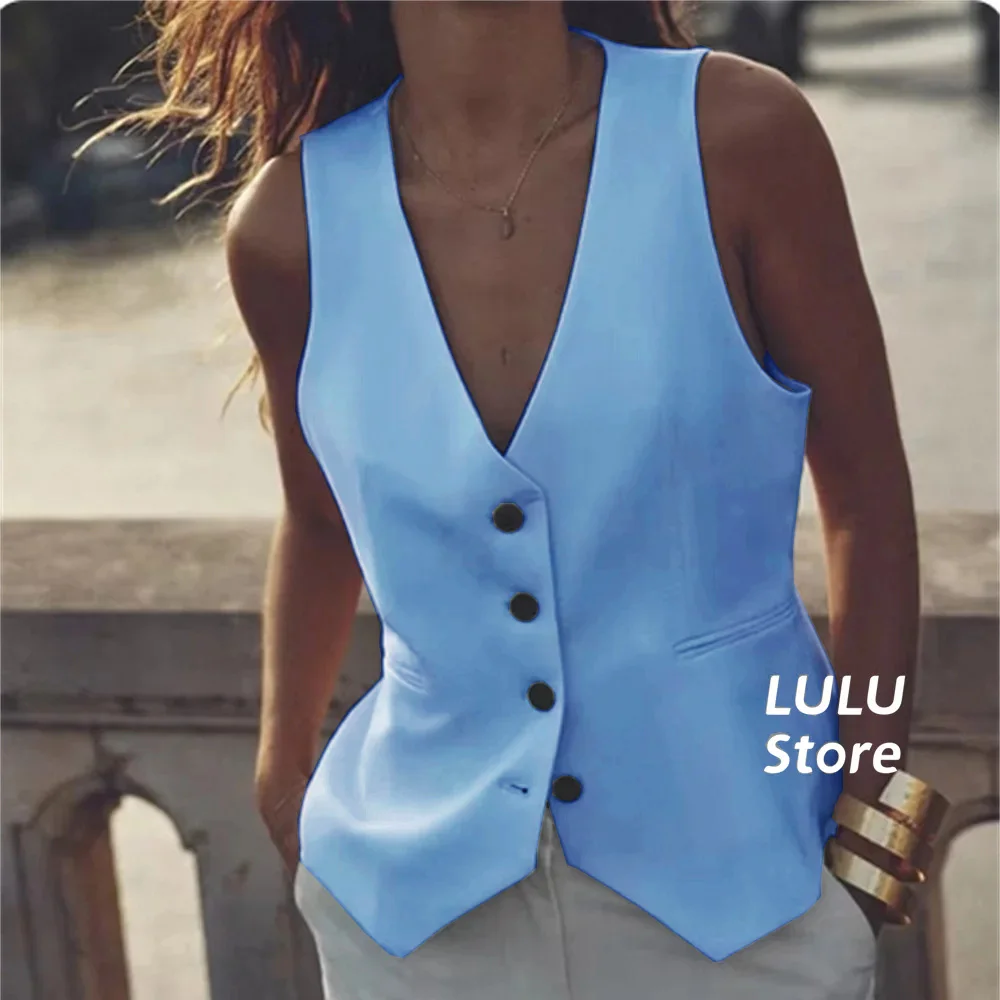 Women's Vest White V-Neck Sleeveless Single Breasted High Quality Gilet Minimal Style Button Female Pretty Waistcoat chaleco