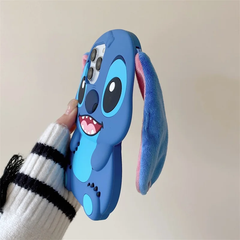 Bandai 3D Silicone Cartoon Phone Case Stitch For iPhone 14 13 12 11 15 16Pro Max Fluffy Fur Plush Ear Stitch Cover Men Kids Gift