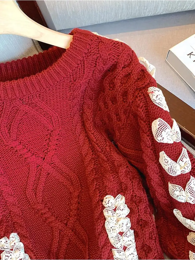 Women\'s Christmas Red Pullover Knitted Sweater Elegant Harajuku Y2k Long Sleeves Knit Sweaters Jumper Vintage 2000s Clothes 2024