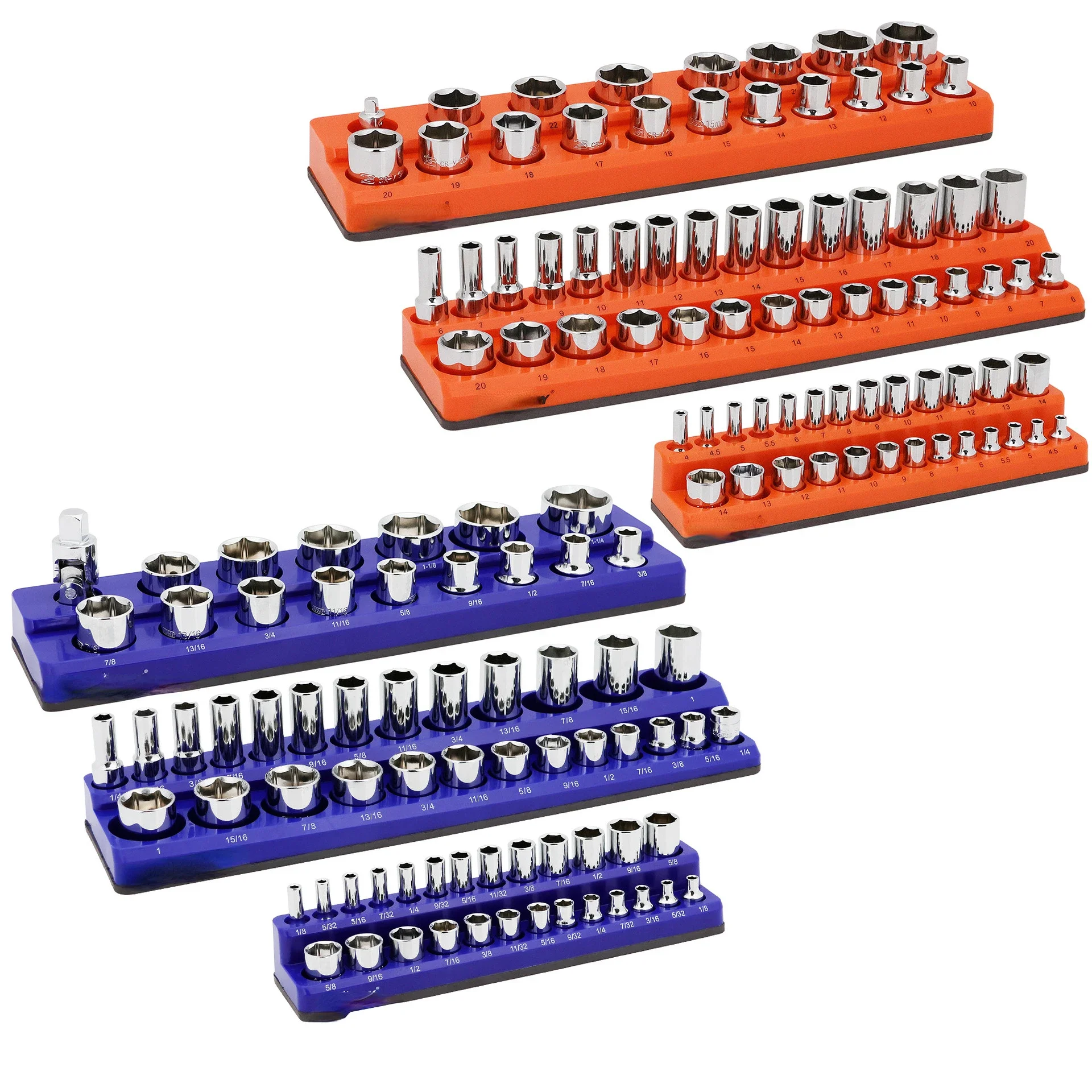 26pcs Red & Blue Magnetic Socket Organizer Set Metric and Shallow, 1/4 in, 3/8 in, 1/2 in Socket Holders