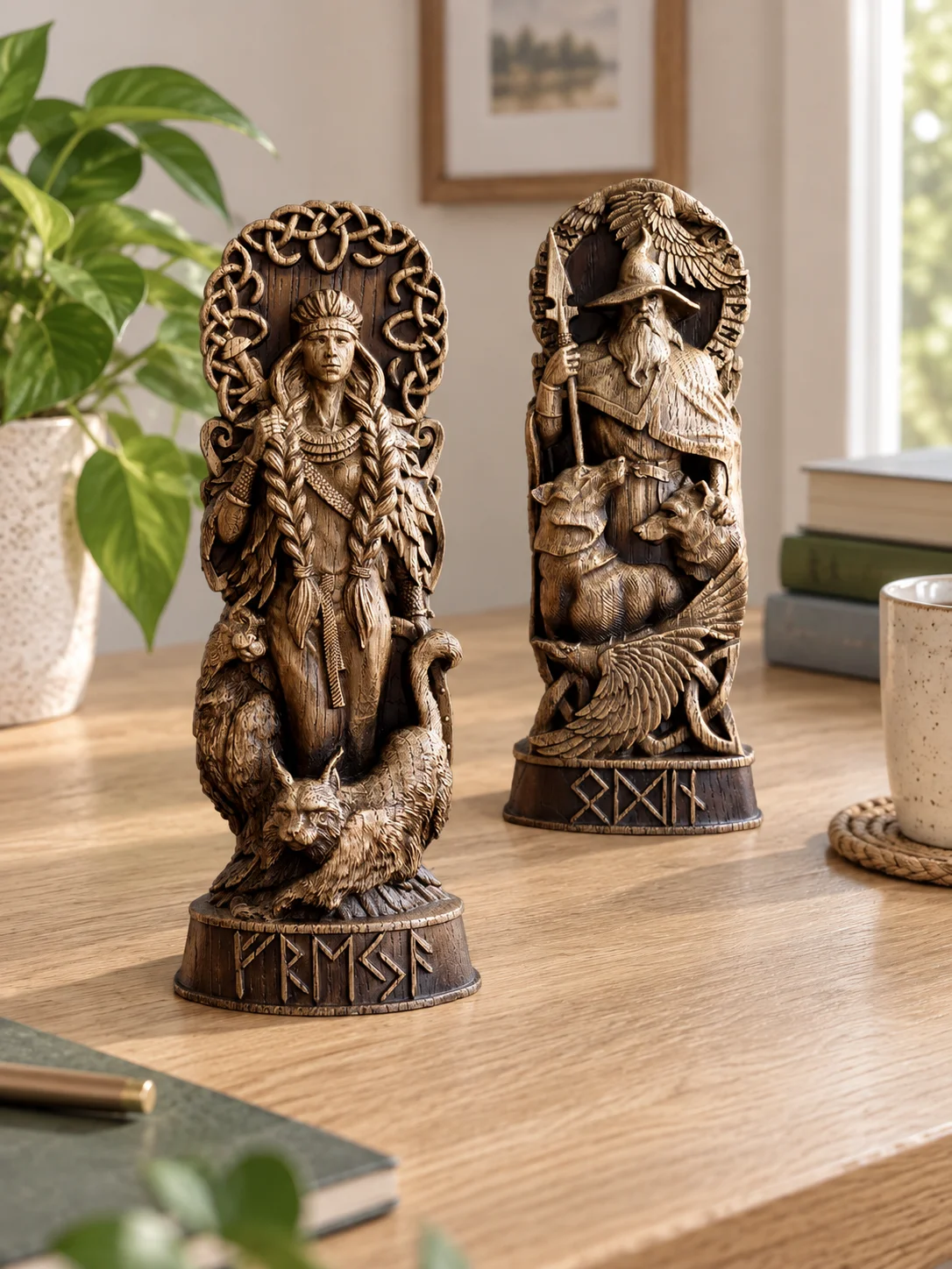 Nordic Mythology Odin Freyja Figure Statue Vintage Style Decorative Sculpture Desktop Shelf Ornament for Home Office Decor Gift