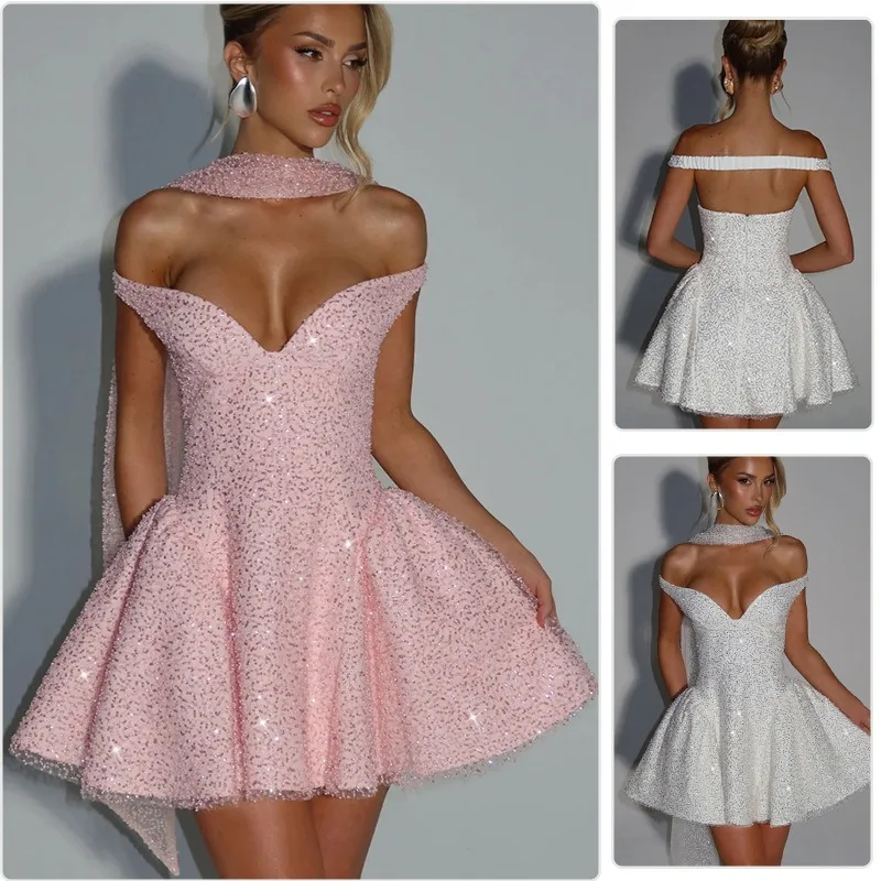 Sexy Backless Sequins Party Dresses Women V Neck Elegant Birthday Dess Chic Summer Dress Evening Club Gowns women clothes