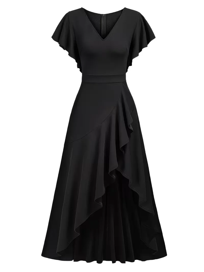 Damen Sexy Tiefer V-Ausschnitt Lotusblatt-Ärmel Sommer Einfarbiges Cocktail-Party-Kleid mit Unregelmäßigem Rüschensaum – Detail 13