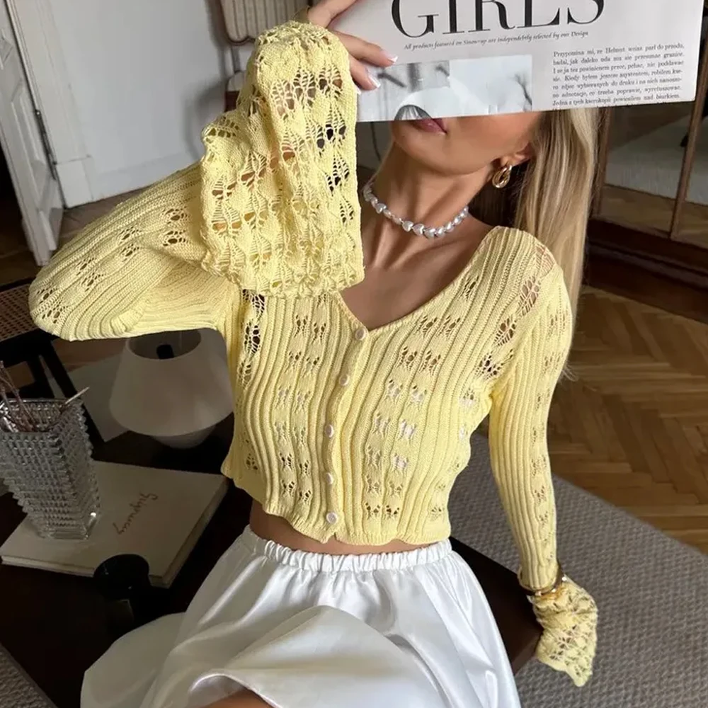 

Pure Color Flare Sleeve Knitted Hollow Out Top, Casual Slim-Fitting Short Cover Up for Vacation & Travel, Spring & Fall Fashion