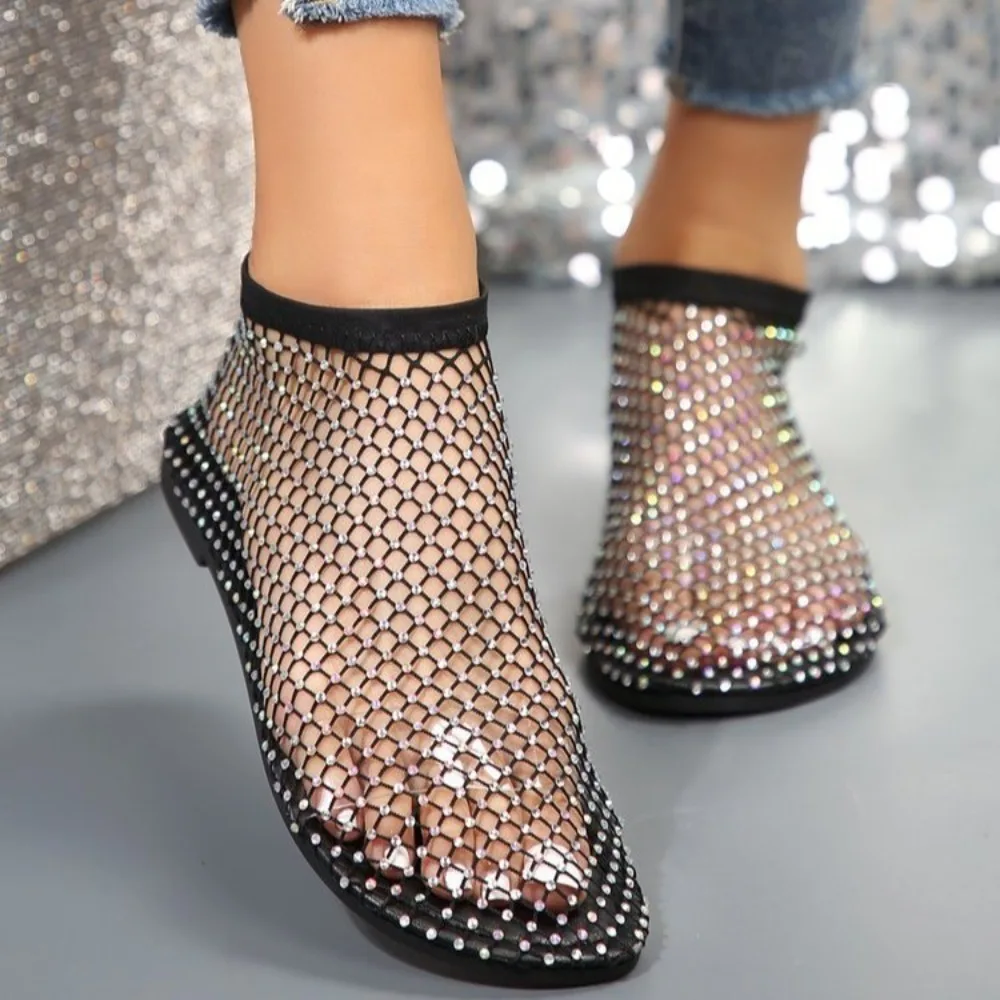 

Round Toe Holiday Rhinestone Sandal Slipper Non-Slip Flat Shoes Mesh Seaside Sandals Waterproof Shiny Sexy Ankle Boot Outdoor