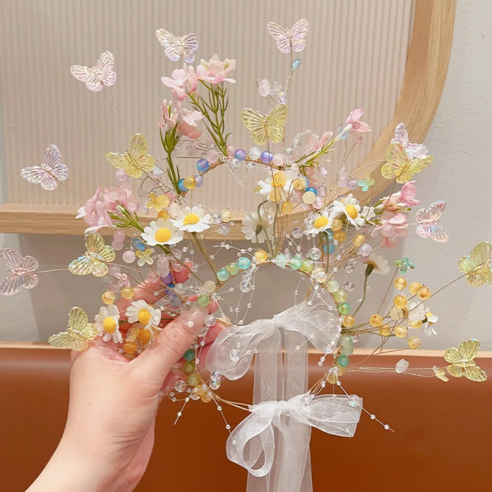 

New Fashion Pink Butterfly Pearl Flower Headband fow Girls Child Wreath Hair Hoop Headbands Holiday Party Hair Accessories Gift