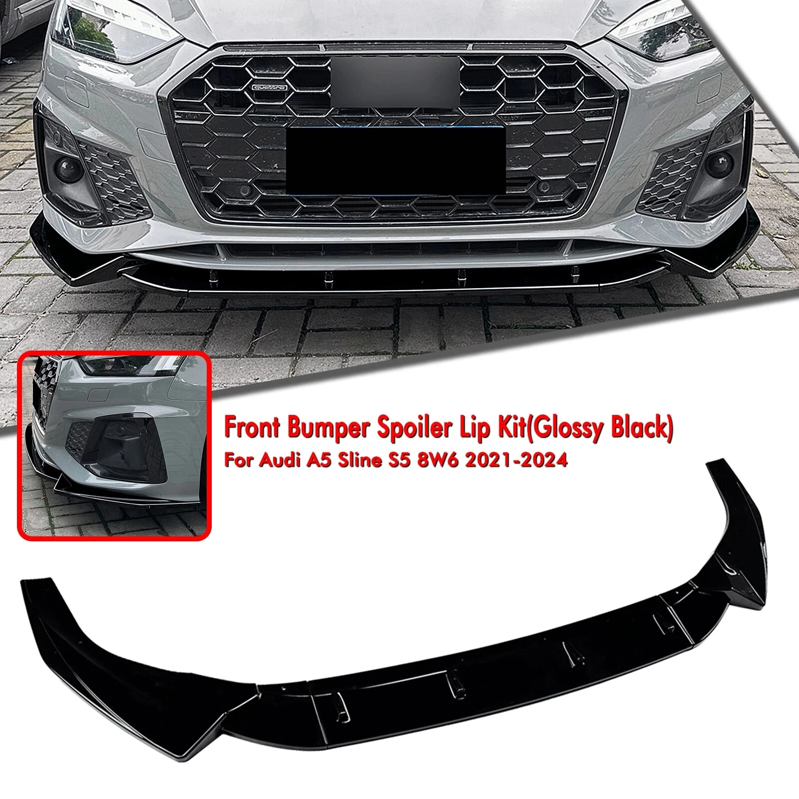 

Car Front Bumper Spoiler Lip For Audi A5 Sline S5 8W6 2021-2024 Glossy Black 3Pcs Diffuser Splitter Bodykit
