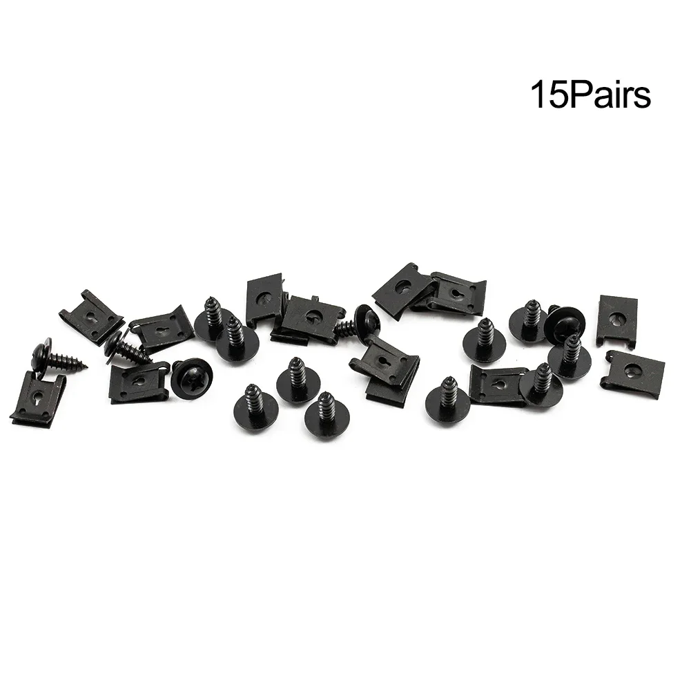 With Screws U-type Clips 15 Set Black Bumper Fasteners Spring Trim Panel Fitting Metal Replacement Durable New